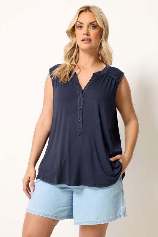 YOURS Plus Size Blue Notch Neck Vest Top | Yours Clothing 1