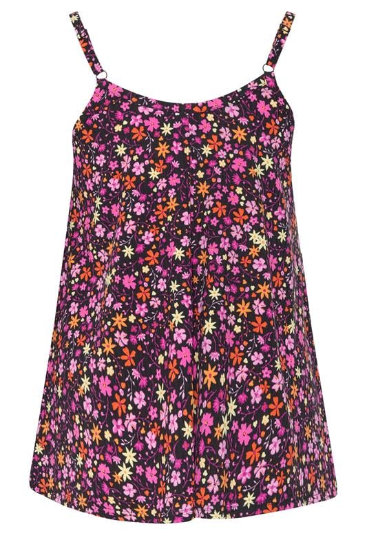YOURS Plus Size Black & Pink Floral Ribbed Swing Vest Top | Yours Clothing 2