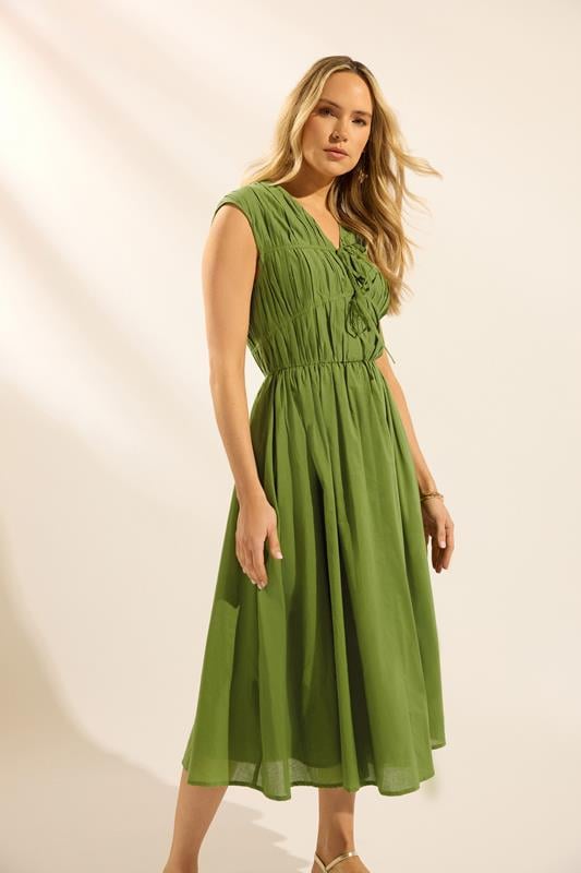  LTS Tall Olive Green Tie Front Cotton Midi Dress