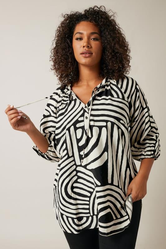 EVANS Plus Size Black & White Abstract Print Tie Neck Blouse | Evans  1