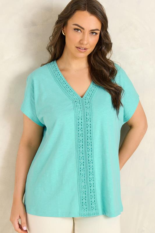 EVANS Curve Aqua Blue Cotton Crochet Trim Top