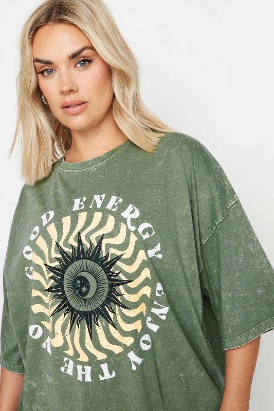 YOURS Plus Size Green 'Good Energy' Slogan Oversized T-Shirt | Yours Clothing  4