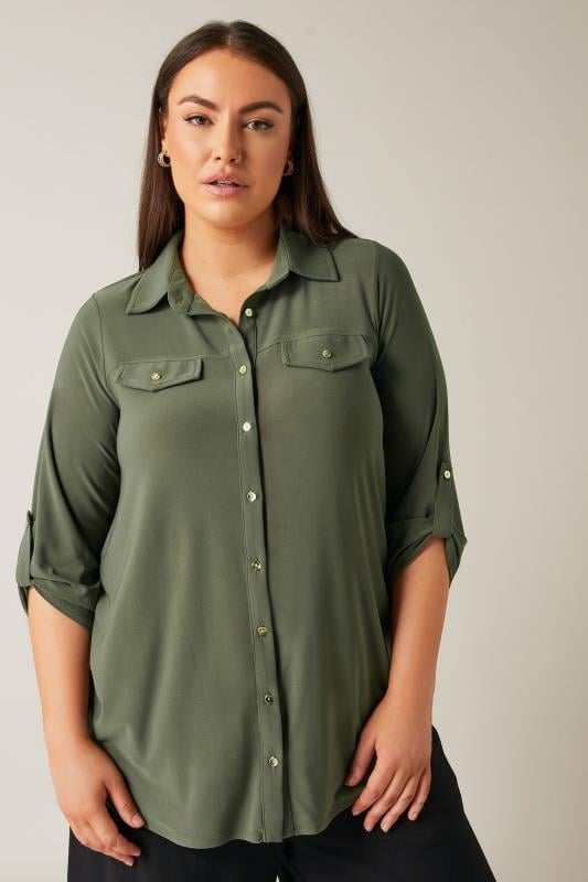 Evans Plus Size Khaki Green Tab Sleeve Blouse | Evans 1