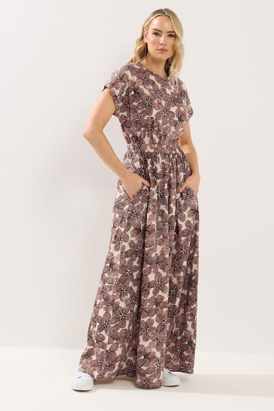  LTS Tall Natural Brown Floral Jersey Shirred Waist Cotton Maxi Dress