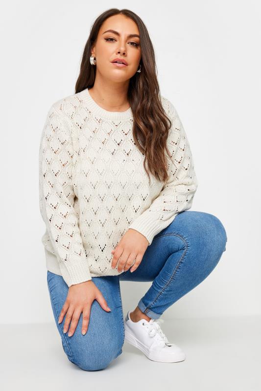 YOURS Plus Size Ivory White Pointelle Jumper | Yours Clothing  2