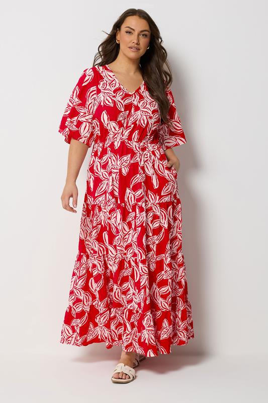 YOURS Curve Red Leaf Print Tiered Maxi Dress