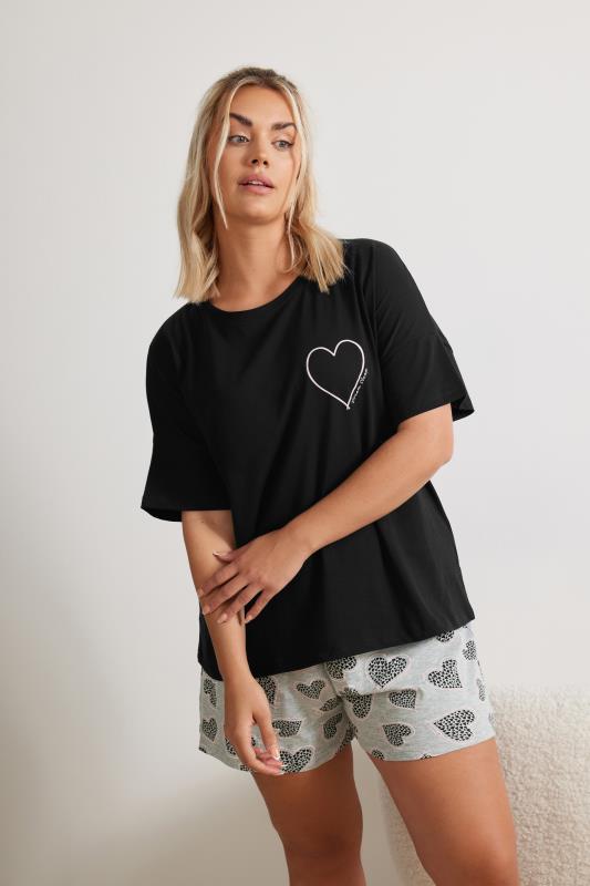 YOURS Plus Size Black Heart Print Pyjama Set | Yours Clothing 1
