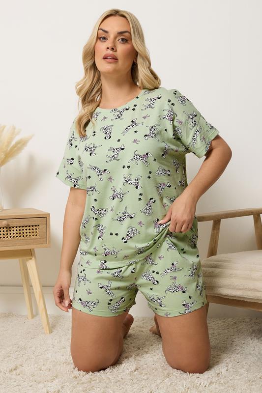  YOURS Curve Green Dalmatians Short Sleeve Pyjama Set