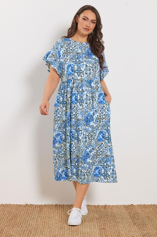 YOURS Plus Size Blue Abstract Mosaic Print Midi Dress | Yours Clothing 1