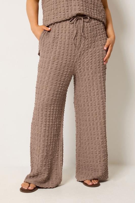 YOURS Curve Brown Bubble Textured Wide Leg Trousers