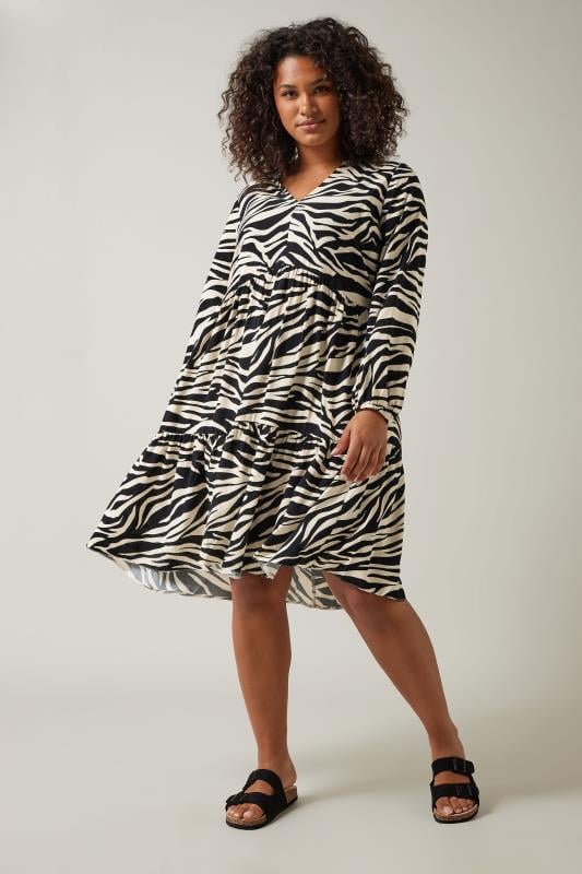 Plus Size  EVANS Curve Black & White Tiered Zebra Print Midi Dress
