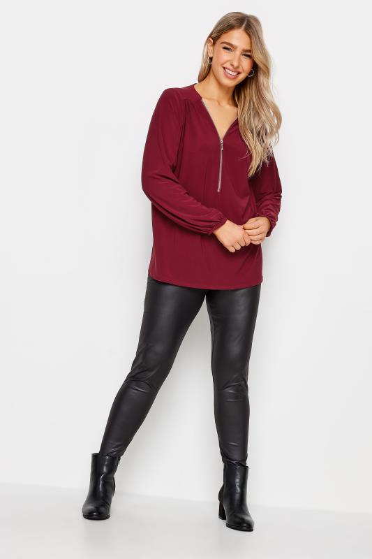 M&Co Burgundy Red Zip Front Bellow Sleeve Top | M&Co 2