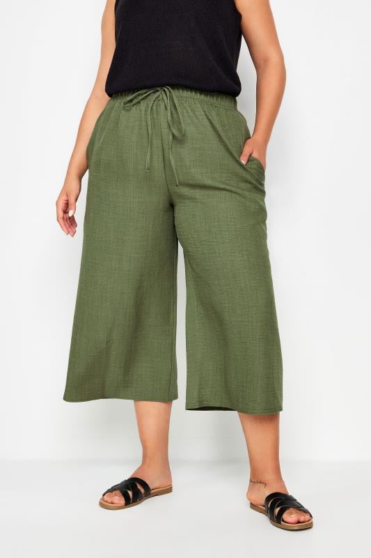 YOURS Plus Size Khaki Green Linen Look Cropped Trousers | Yours Clothing 1