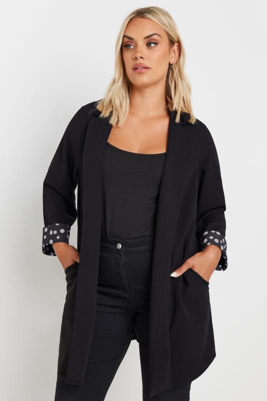 YOURS Curve Plus Size Black Polka Dot Roll Back Sleeve Blazer | Yours Clothing 5