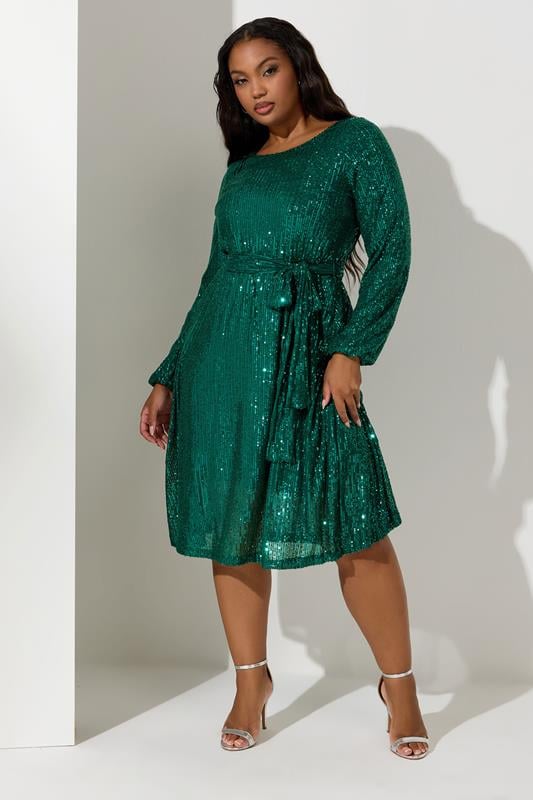 YOURS LONDON Plus Size Green Sequin Skater Midi Dress | Yours Clothing 1