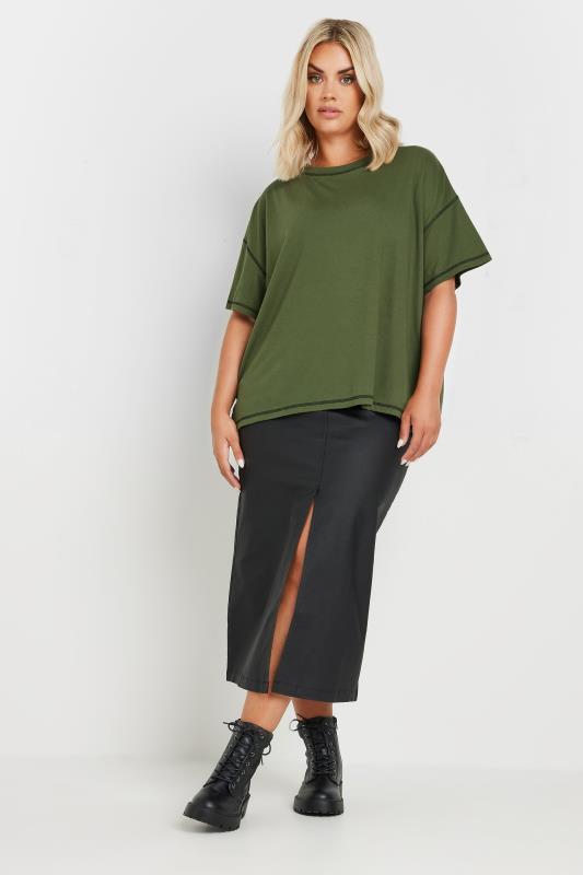 YOURS Plus Size Khaki Green Contrast Stitch T-Shirt | Yours Clothing 3