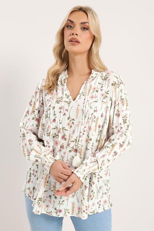 YOURS Plus Size Ivory White Floral Sequin Embellished Tie Neck Blouse 1