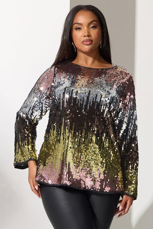 Plus Size  YOURS LONDON Curve Pink Bow Back Ombre Sequin Top