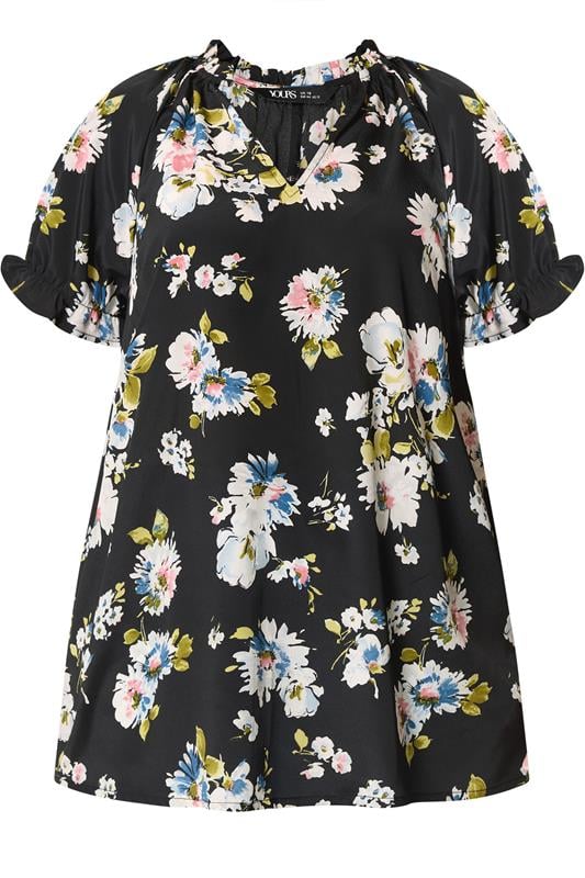 YOURS Plus Size Black Floral Puff Sleeve Blouse | Yours Clothing 5