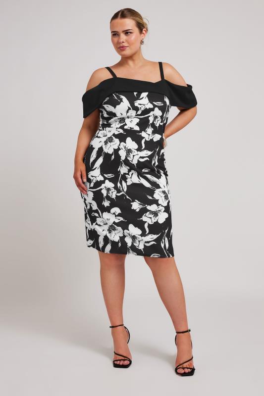 YOURS LONDON Plus Size Black Floral Print Bardot Shift Dress | Yours Clothing 2