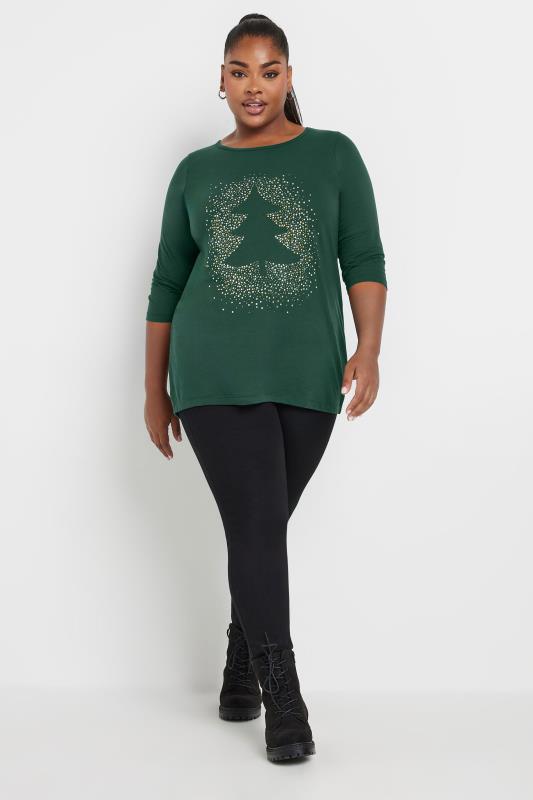 YOURS Plus Size Forest Green Diamante Christmas Tree Top | Yours Clothing  4