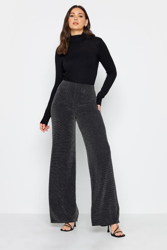 LTS Tall Black Glitter Wide Leg Trousers | Long Tall Sally  2