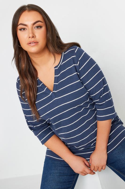 Plus Size  YOURS Curve Blue & White Stripe Notch Neck Top