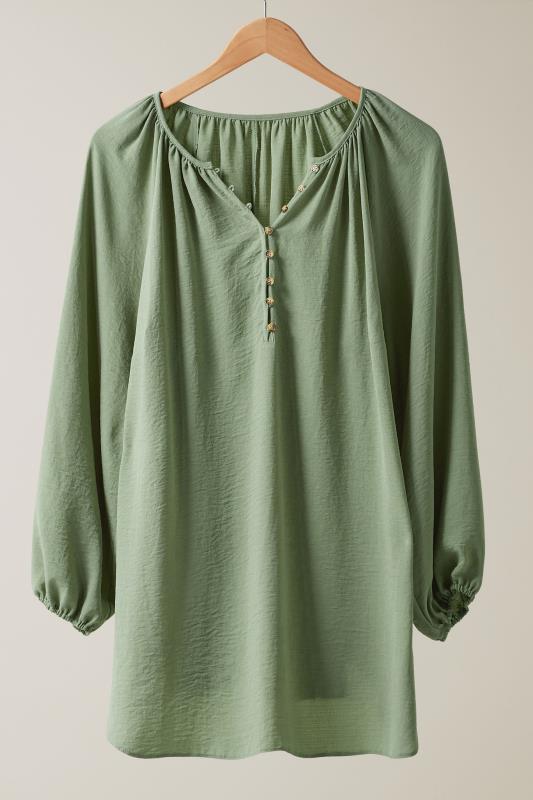 EVANS Plus Size Khaki Green Button Front Long Sleeve Blouse | Evans 6