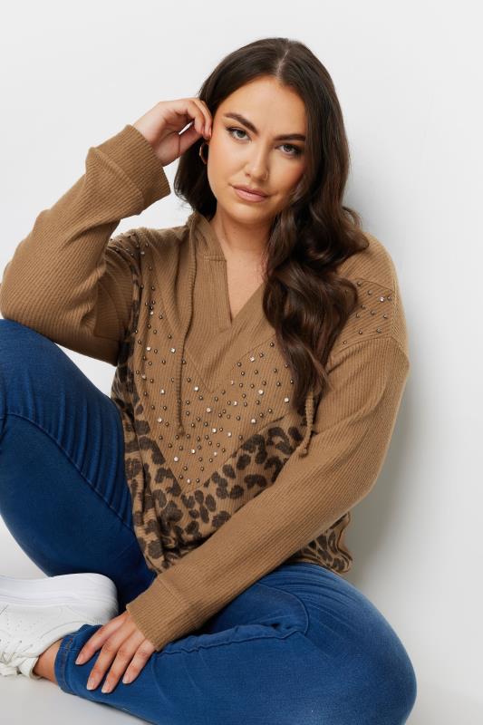 YOURS Curve Brown Leopard Print Embellished Hoodie | Yours Clothing 1