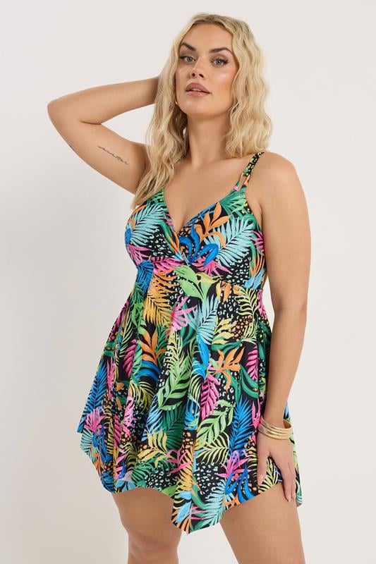  YOURS Curve Black Tropical Print Hanky Hemline Swimdress