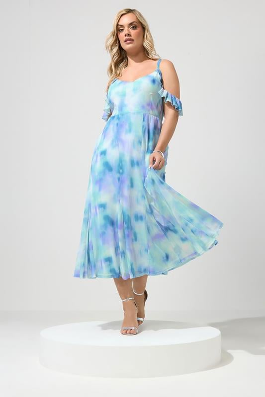  YOURS LONDON Curve Blue Abstract Colder Shoulder Dress