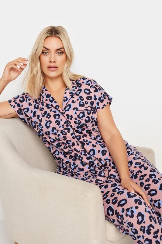 YOURS Plus Size Pink Leopard Print Button Through Pyjama Set | Yours Clothing 2