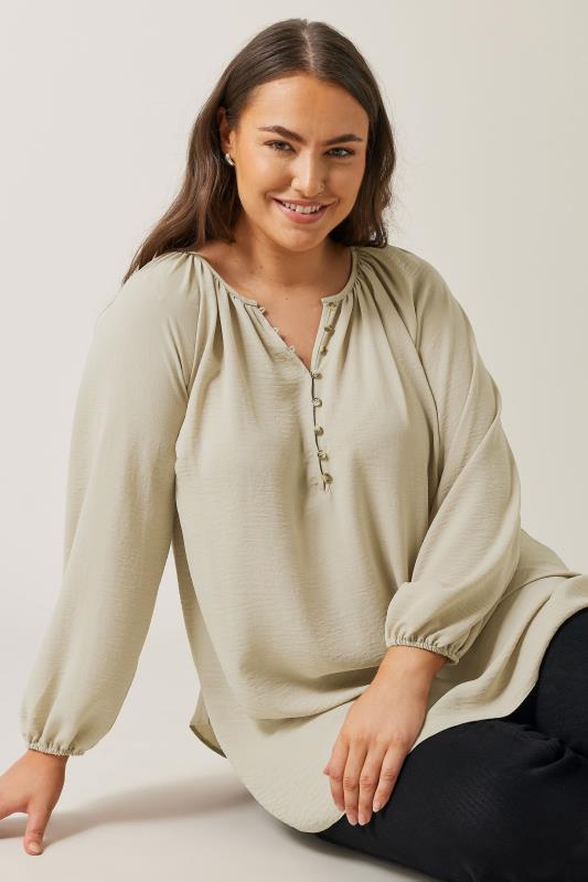 Plus Size  EVANS Curve Natural Brown Button Front Long Sleeve Blouse