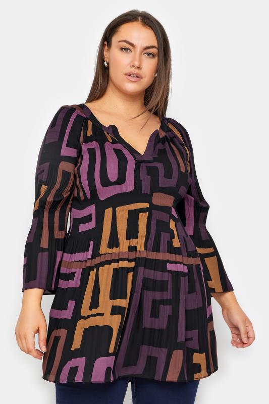 Pleater Boat Neck Bell Flare Pleat Sleeves Plum Geo Tunic 1
