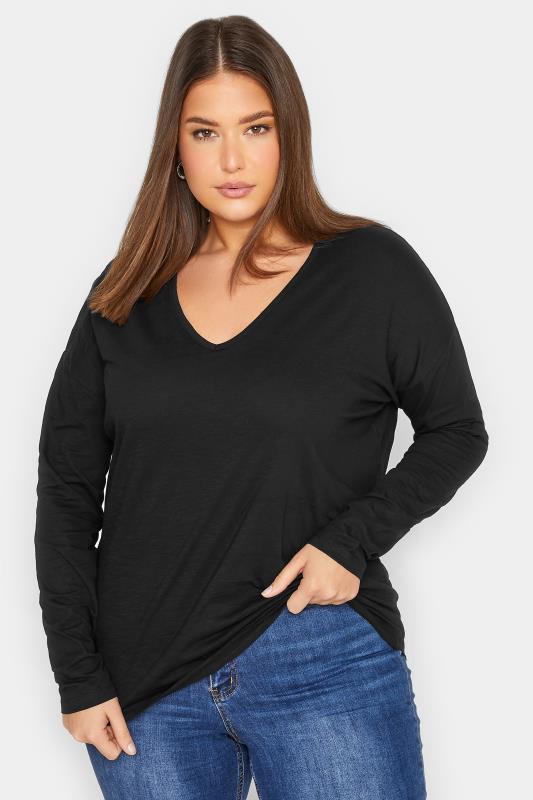 LTS Tall Women's Black V-Neck Long Sleeve Cotton T-Shirt | Long Tall Sally 1