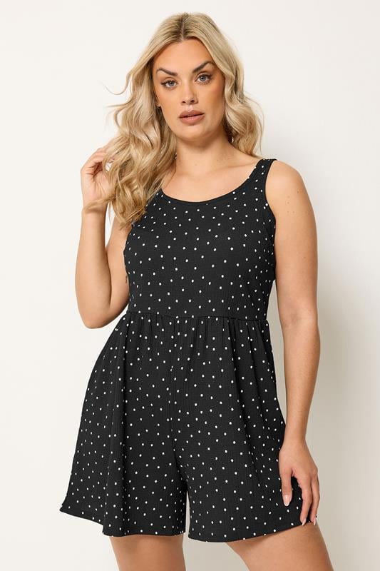  YOURS Curve Black Polka Dot  Smock Textured Playsuit