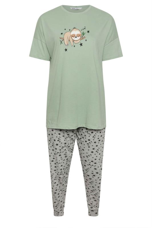 YOURS Plus Size Green Sloth Star Print Cuffed Pyjama Set | Yours Clothing 5