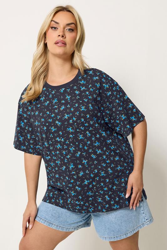  YOURS Curve Navy Blue Ditsy Floral Boxy T-Shirt