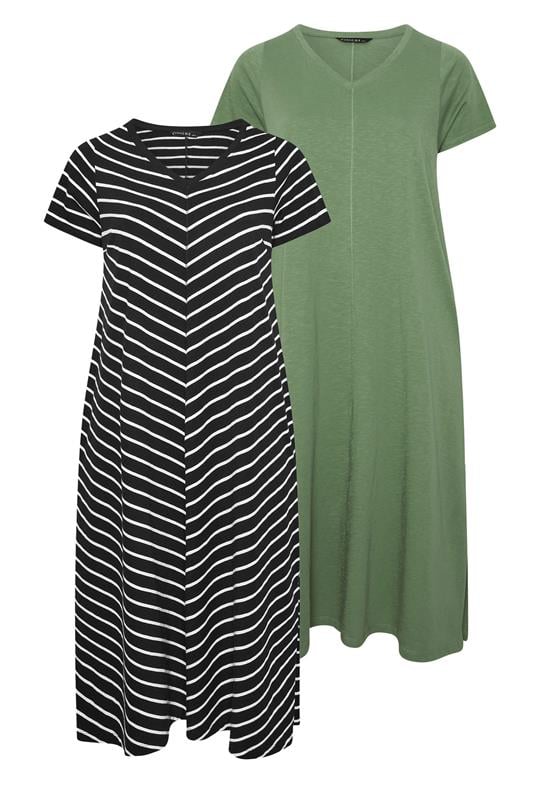  EVANS Curve 2 Pack Black & Khaki Green Cotton Dresses