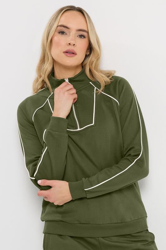 LTS Tall Khaki Green Pipe Detail Quarter Zip Sweatshirt