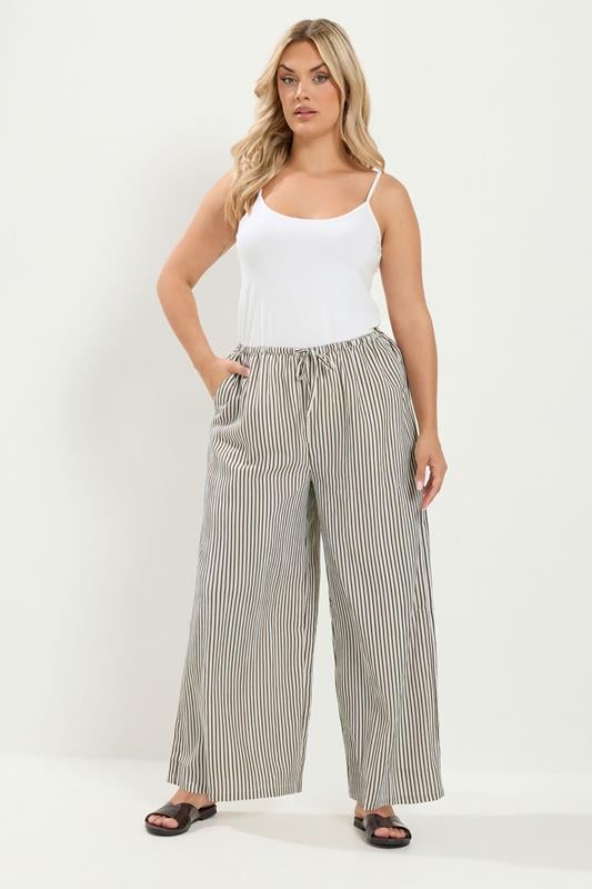 YOURS Plus Size Brown & White Striped Wide Leg Trousers | Yours Clothing 1