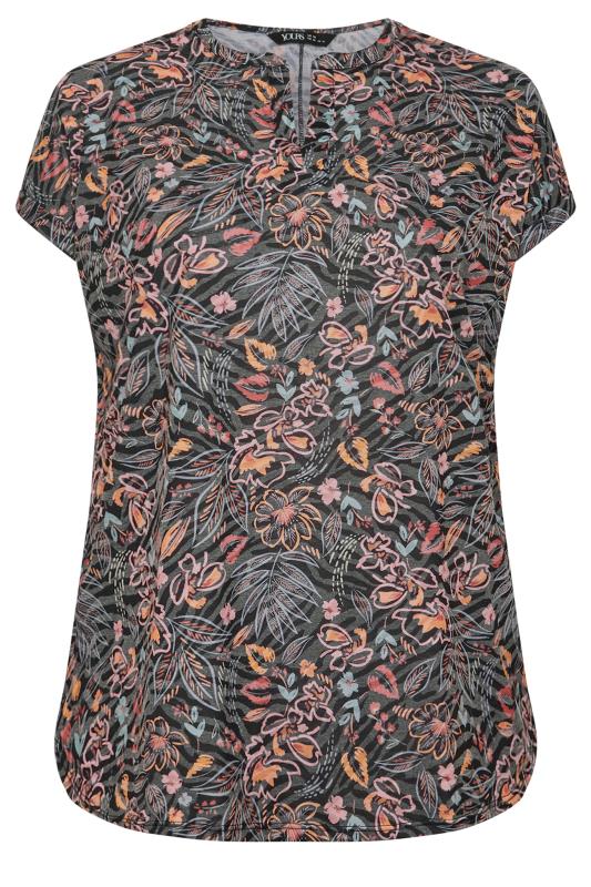 YOURS Plus Size Grey Floral Print Notch Neck Top | Yours Clothing  5