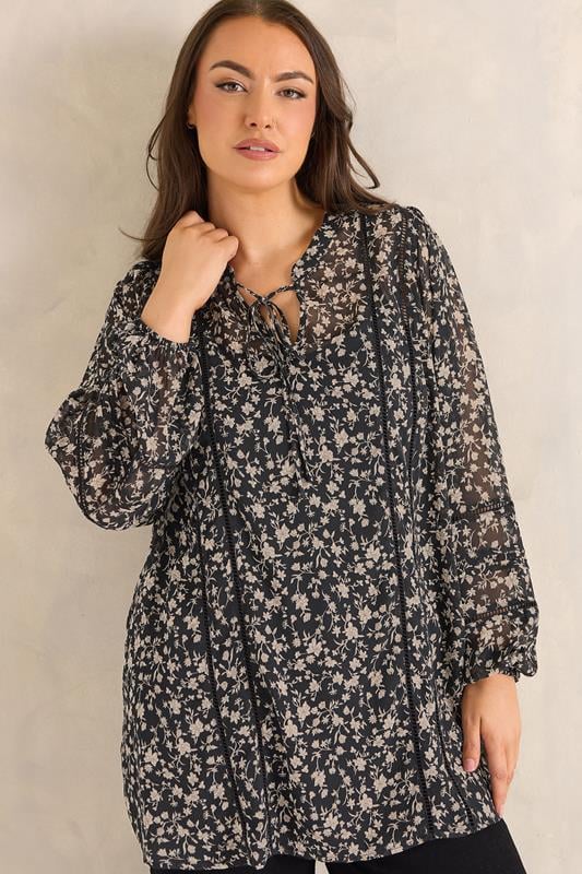Plus Size  EVANS Curve Black Floral Tie Neck Chiffon Blouse