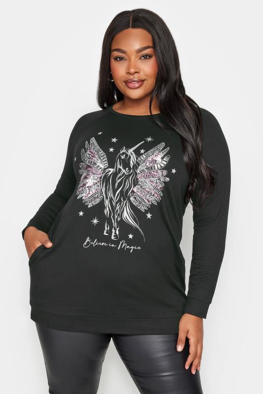 YOURS Plus Size Embellished Unicorn Print Pocket Top | Yours Clothing 1