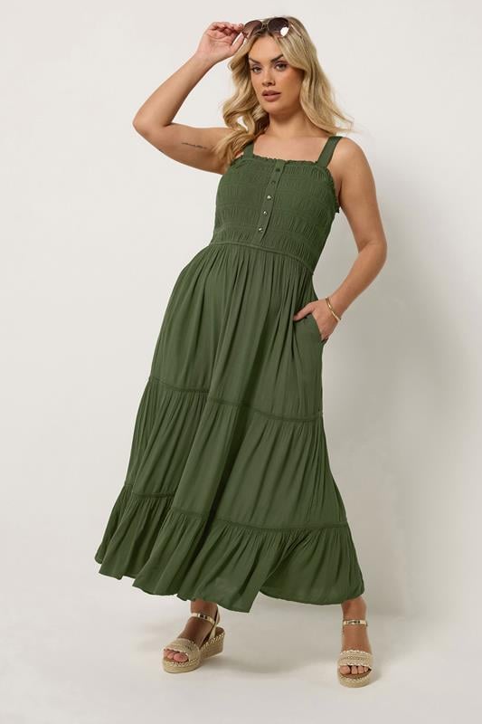  YOURS Curve Olive Green Shirred Placket Dress