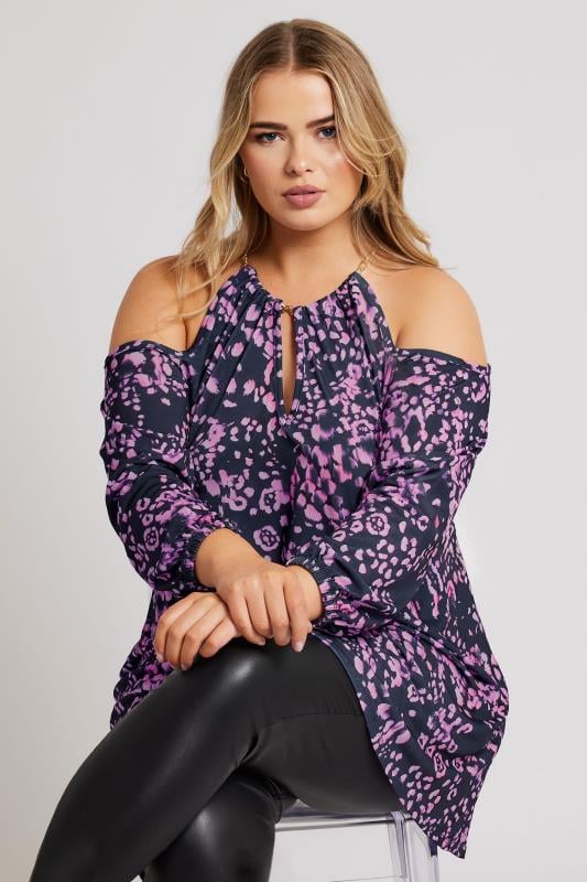 YOURS LONDON Plus Size Purple Animal Print Cold Shoulder Top | Yours Clothing 1