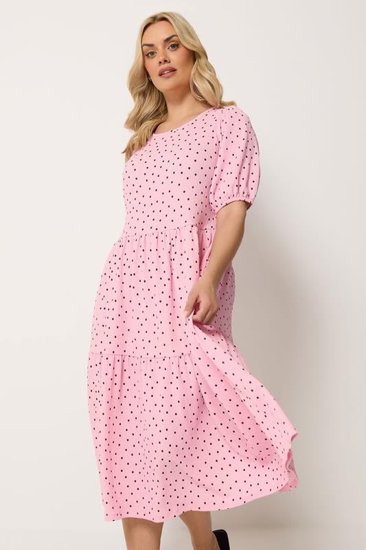 YOURS Curve Pink Polka Dot Tiered Dress
