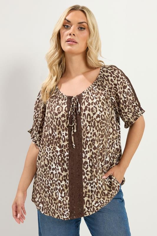 YOURS Plus Size Brown Leopard Crochet Tie Front Top | Yours Clothing 1