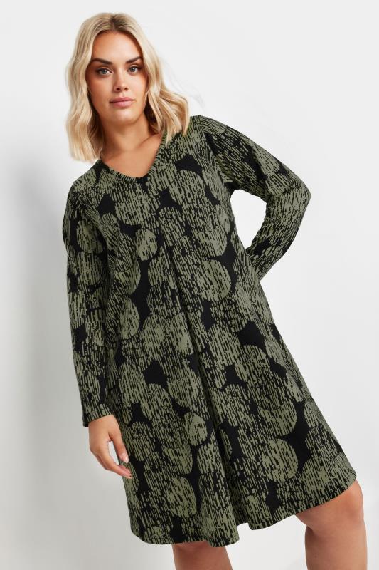 YOURS Plus Size Black & Green Abstract Print Pleat Front Dress | Yours Clothing  1