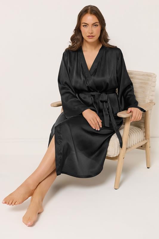 YOURS Plus Size Black Satin Robe | Yours Clothing 1